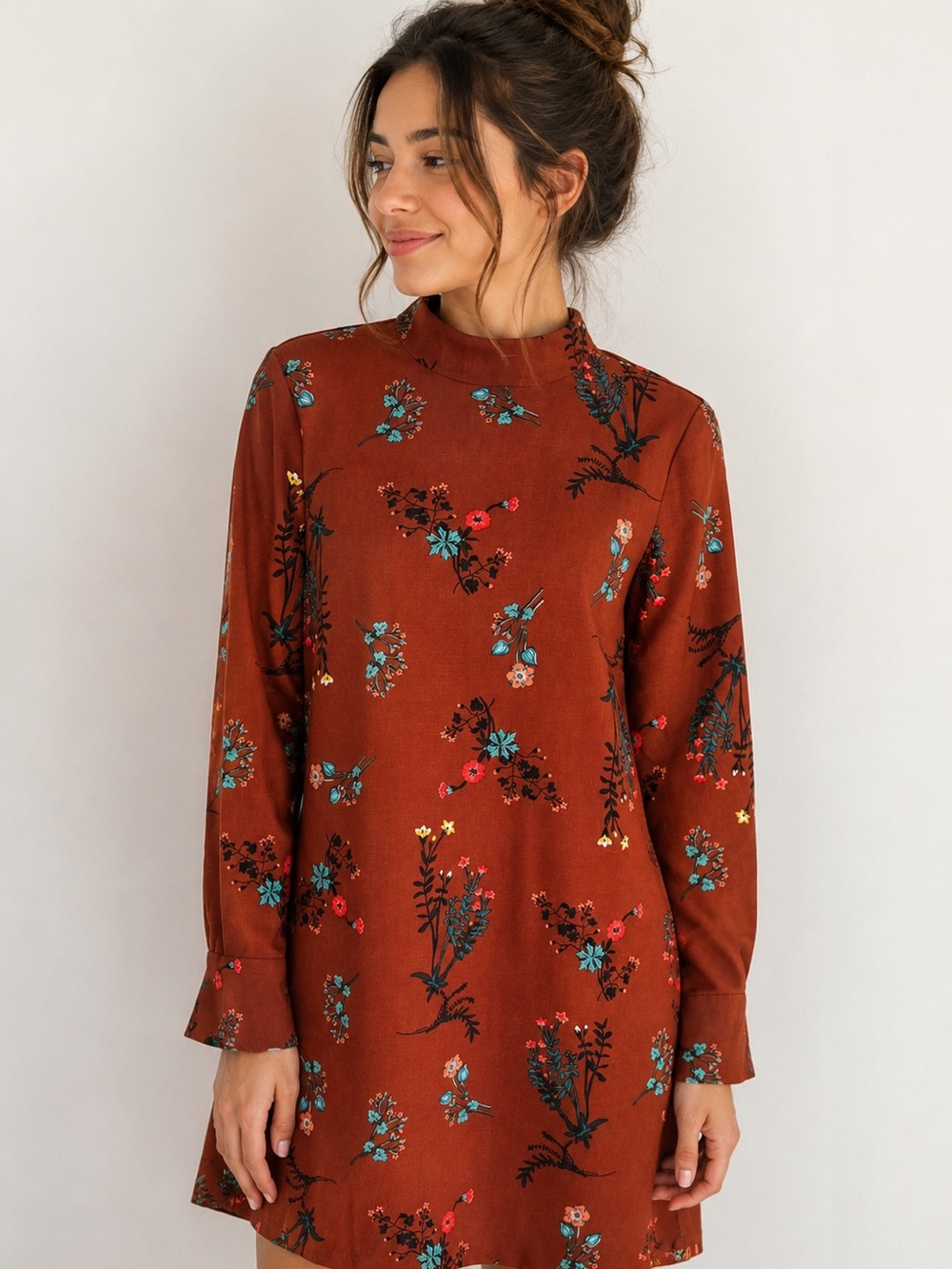Wayf Rust Floral Mock-Neck Long Sleeve Dress
